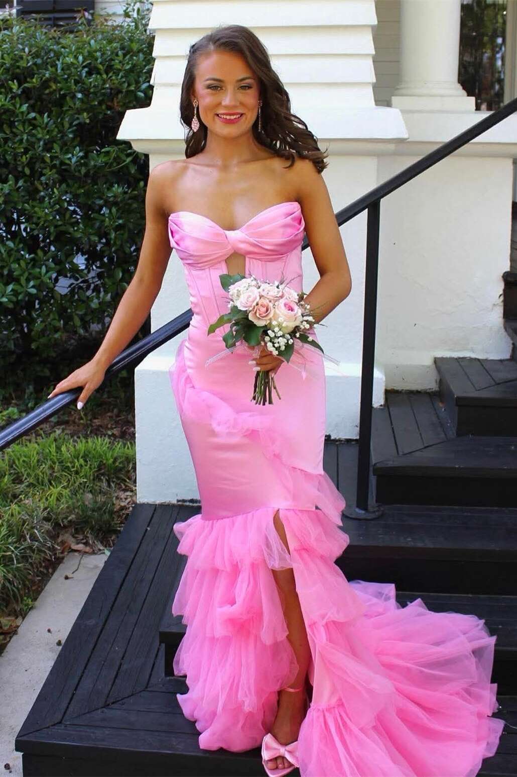 Strapless Pink Ruched Mermaid Ruffle Long Formal Dress