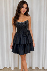 Black Strapless Beaded A-Line Mini Dress