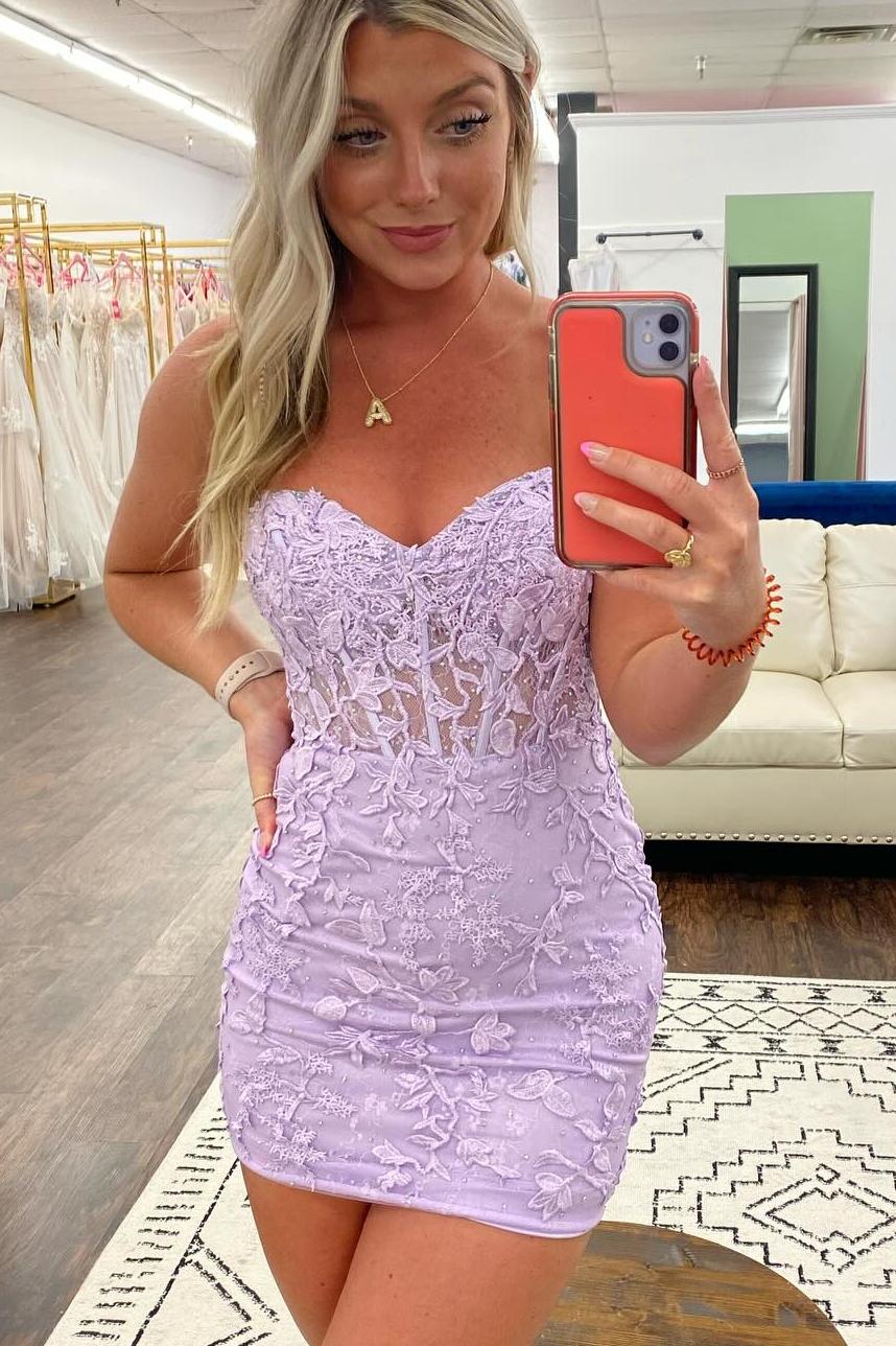 Light Blue Lace Strapless Tight Homecoming Dress