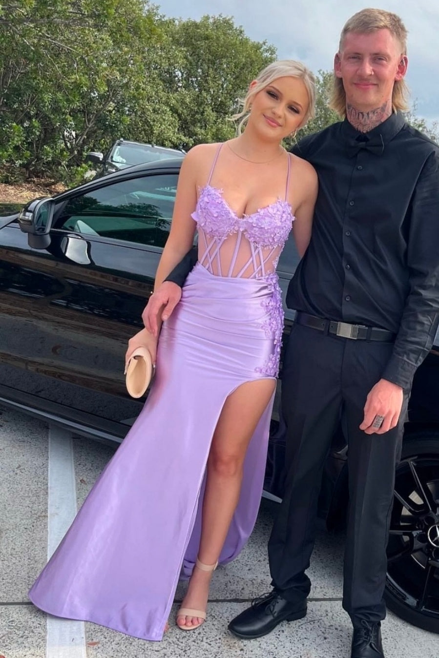 Lavender 3D Floral Corset Slit Prom Dress