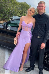Lavender 3D Floral Corset Slit Prom Dress