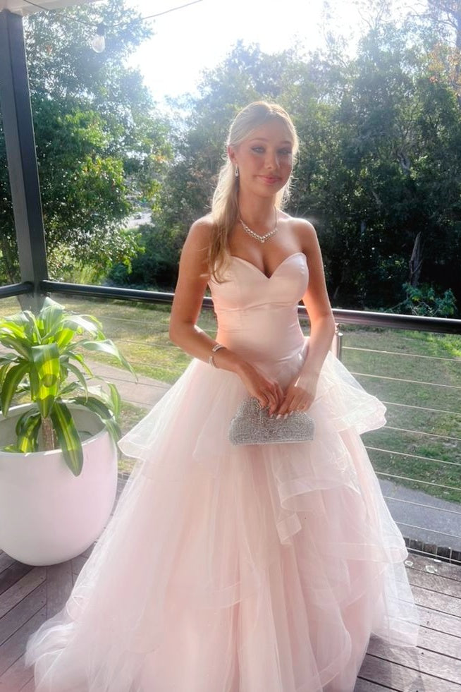 Pink Sweetheart A-Line Tiered Ruffle Prom Dress