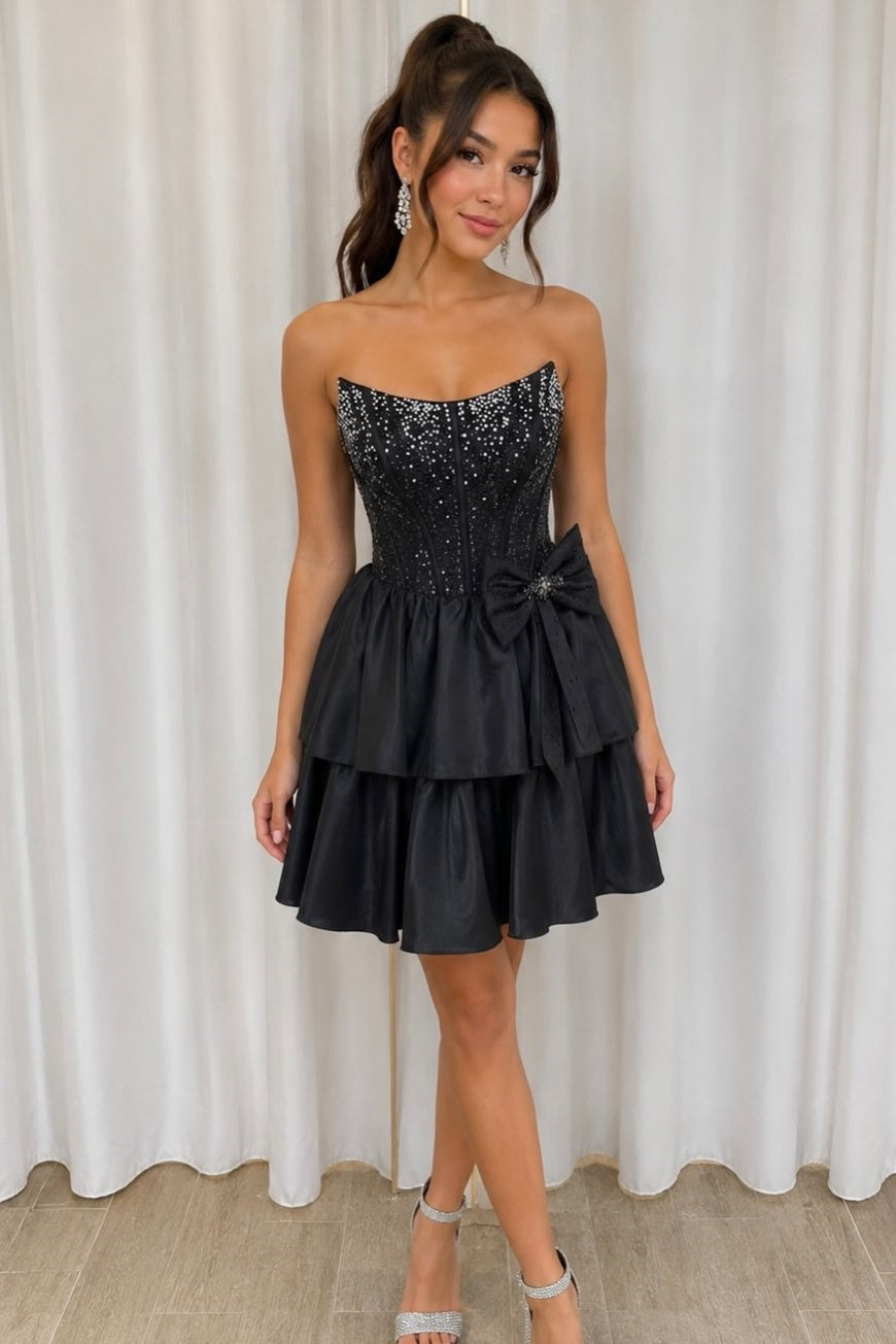 Black Strapless Beaded A-Line Mini Dress