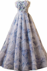 Strapless White and Blue 3D Floral Long Dress with Sequin
