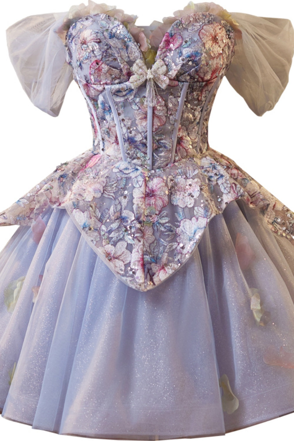 Off the Shoulder Lilac Floral Sparkle Tulle Short Dress