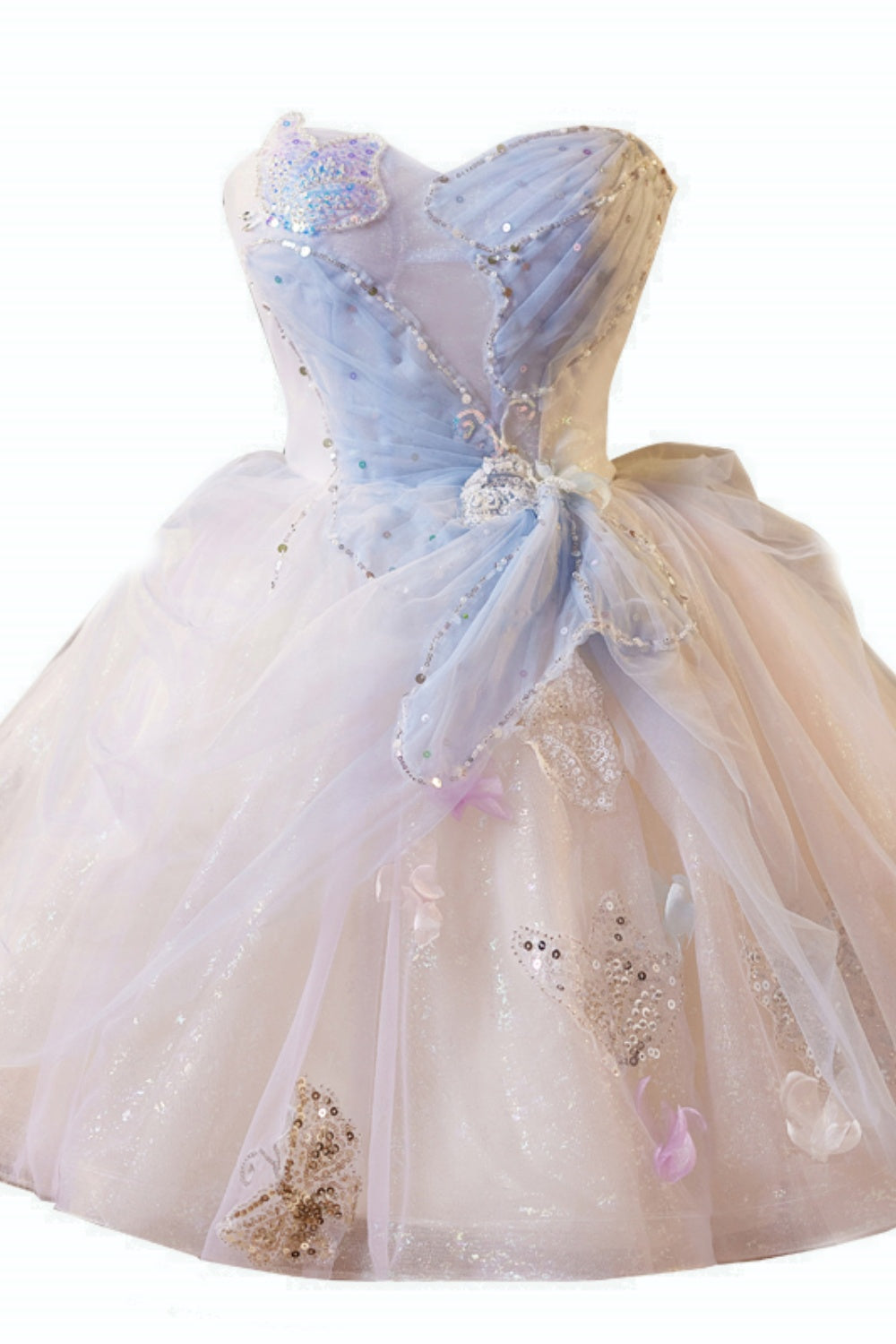 Strapless White and Blue Butterfly Sparkle Tulle Dress