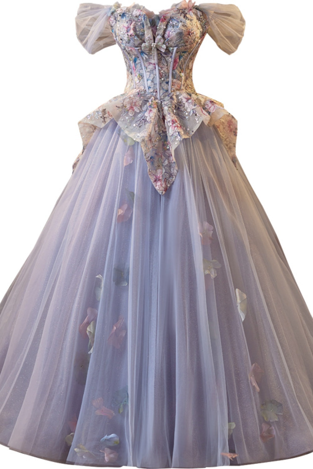 Off the Shoulder Lilac Floral Sparkle Tulle Long Dress