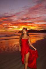 Straps Red Satin Fitted Ruffle Long Party Dress