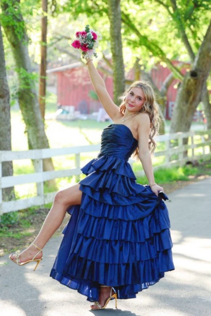 Royal Blue Strapless A-Line Ruffled Dress with Slit