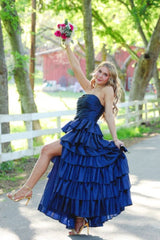 Royal Blue Strapless A-Line Ruffled Dress with Slit