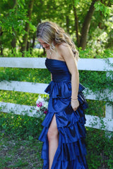 Royal Blue Strapless A-Line Ruffled Dress with Slit