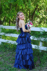 Royal Blue Strapless A-Line Ruffled Dress with Slit