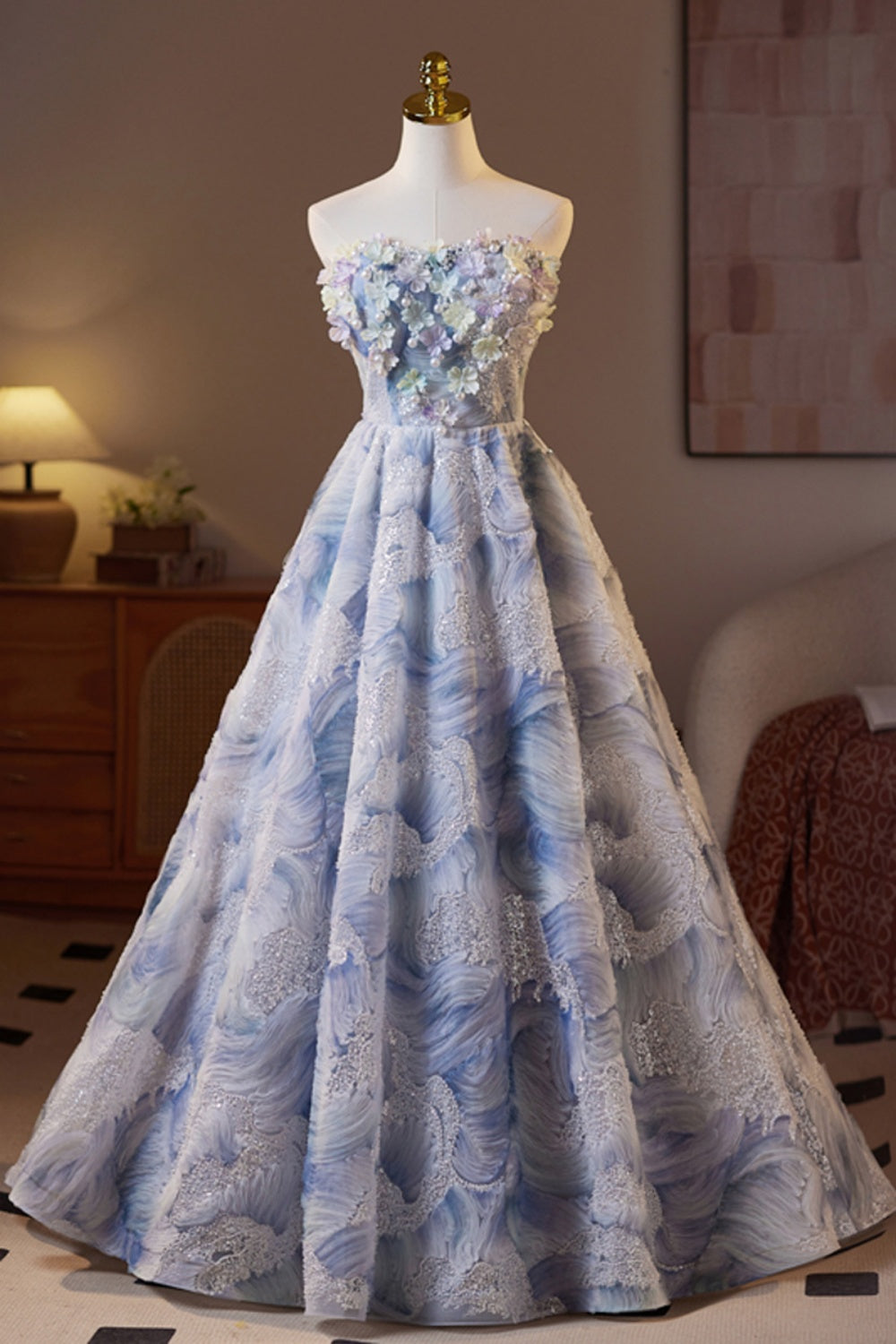 Strapless White and Blue 3D Floral Long Dress with Sequin