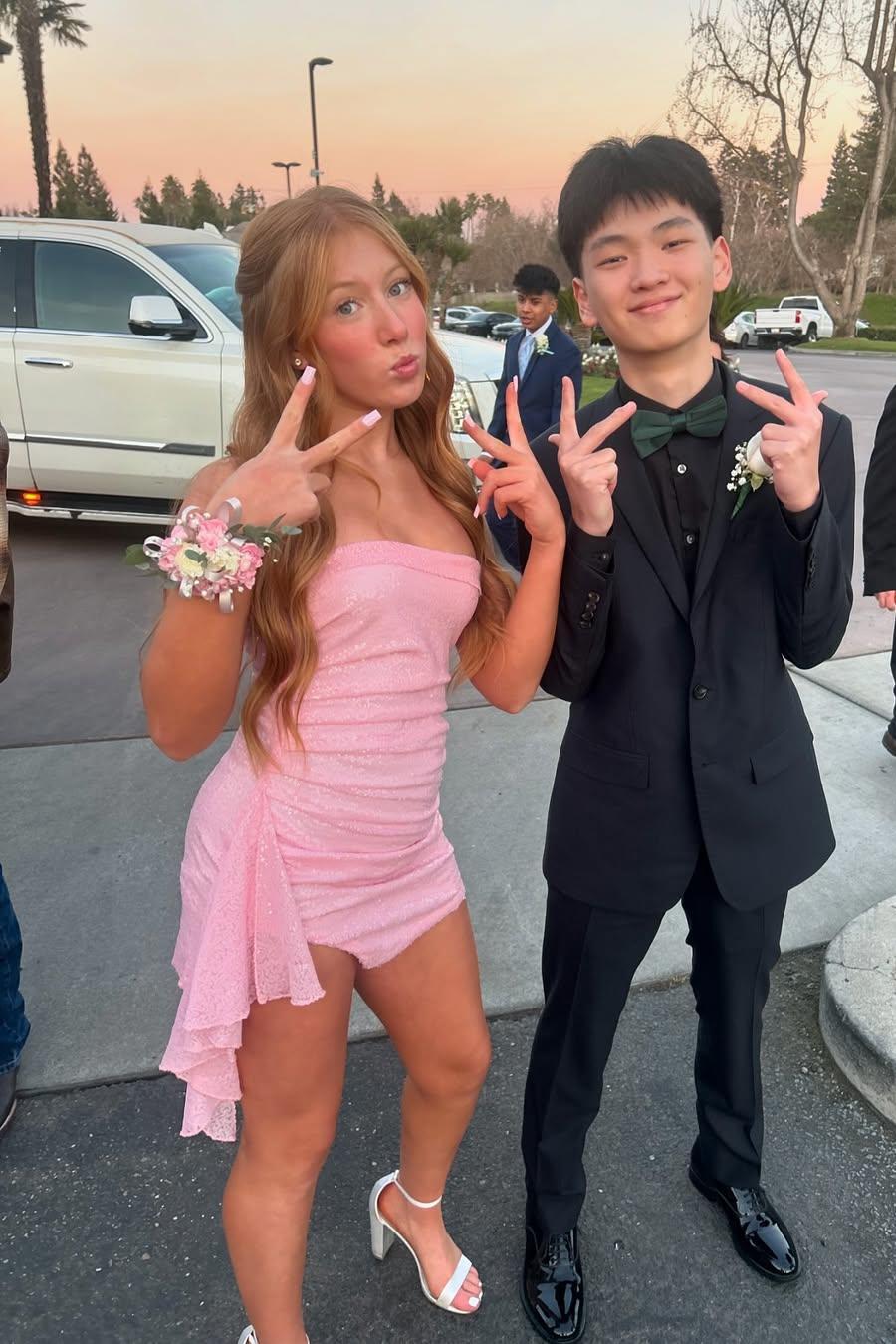 Strapless Pink Sequin Ruched Ruffle Mini Dress