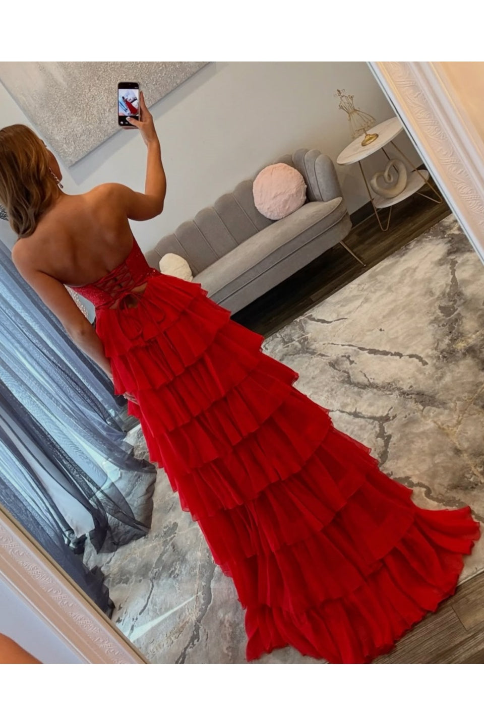 Red Ruffle Sweetheart A-Line Gown