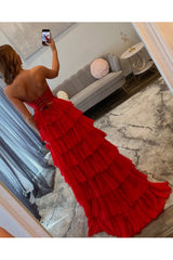 Red Ruffle Sweetheart A-Line Gown
