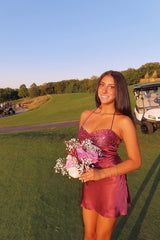Straps Beaded Burgundy Short Dress