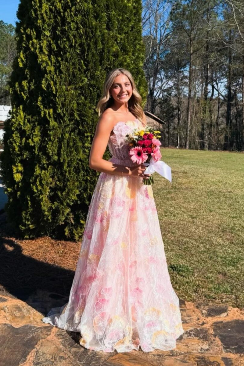 Floral Strapless A-Line Tulle Gown