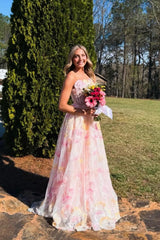 Floral Strapless A-Line Tulle Gown