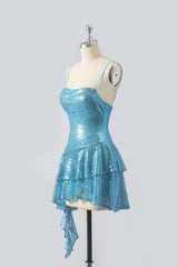 Blue Sequin Ruffle A-Line Mini Dress