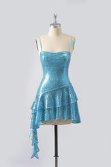 Blue Sequin Ruffle A-Line Mini Dress
