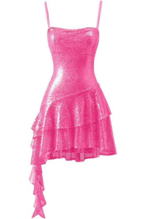 Blue Sequin Ruffle A-Line Mini Dress