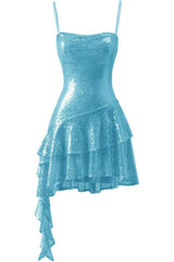 Blue Sequin Ruffle A-Line Mini Dress