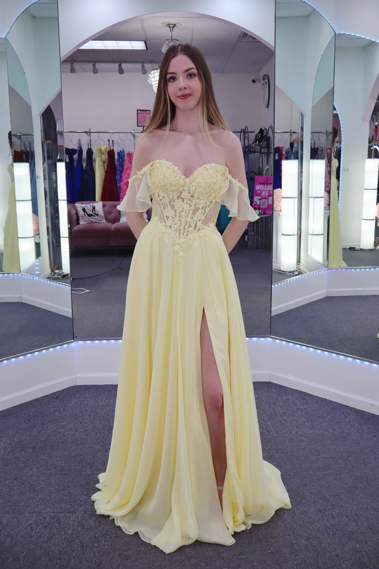 Yellow Off-Shoulder A-Line Corset Gown