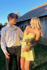 Straps Yellow Satin Cutouts A-line Short Dress