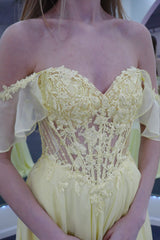 Yellow Off-Shoulder A-Line Corset Gown