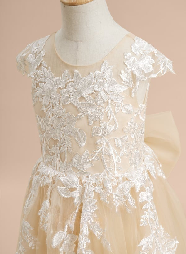 Cap Sleeves Champagne Appliques Flower Girl Dress