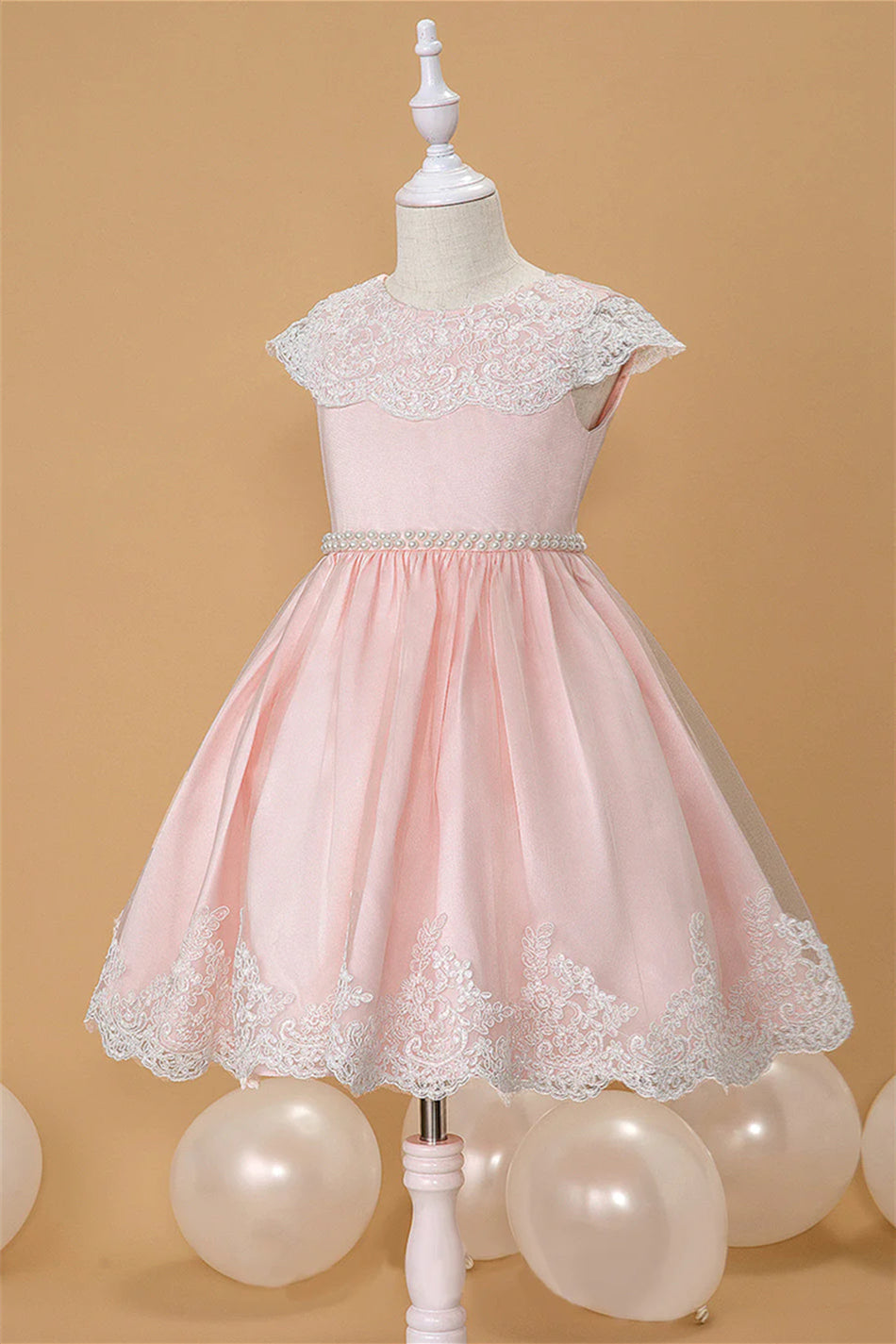 Cap Sleeves Pink Lace Flower Girl Dress with Pearls