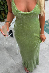 Green Sequin Cowl Neck Fitted Long Party Dress