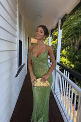 Green Sequin Cowl Neck Fitted Long Party Dress