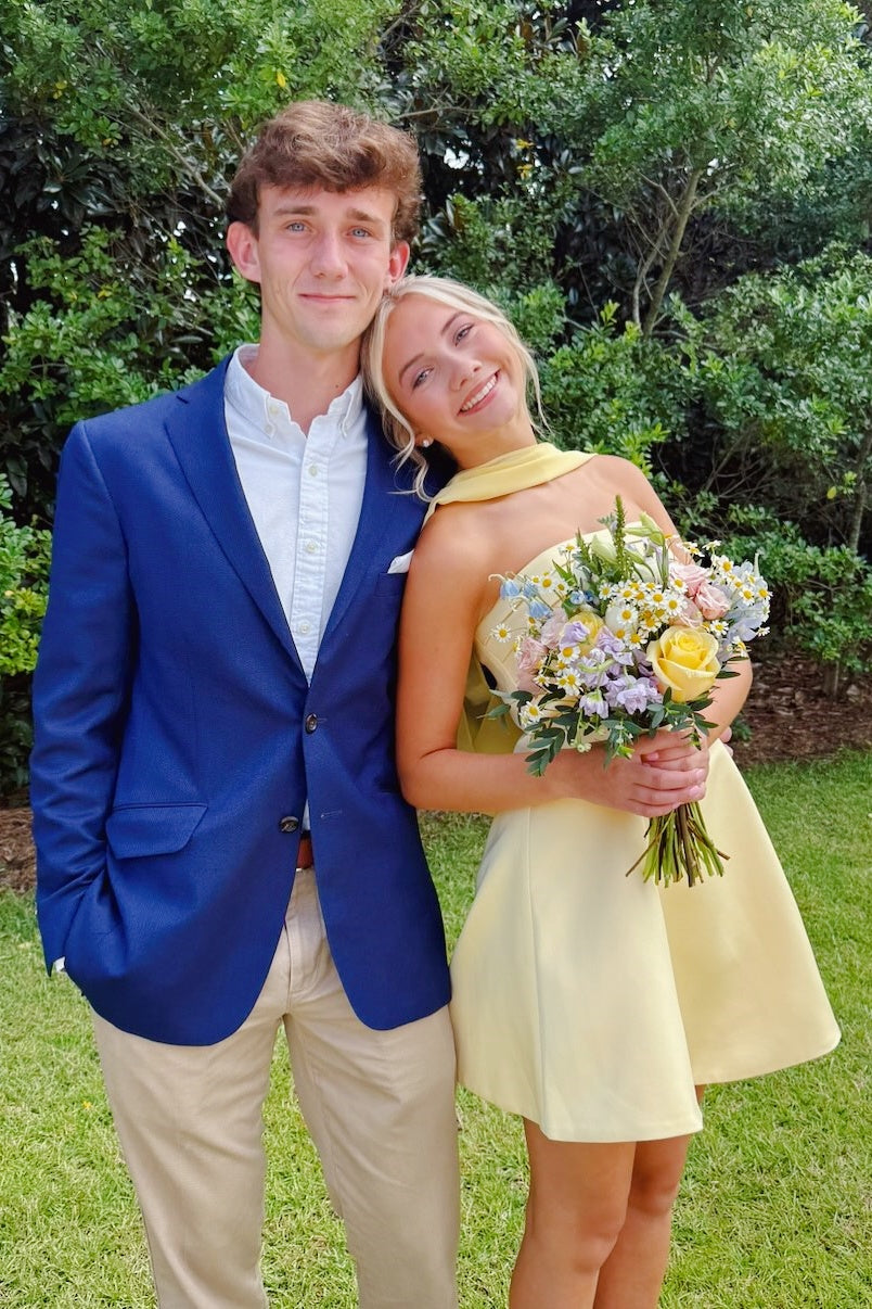 Yellow Satin Strapless A-Line Mini Dress