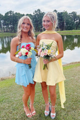 Yellow Satin Strapless A-Line Mini Dress