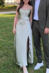 Strapless Champagne Ruched Petals Long Dress