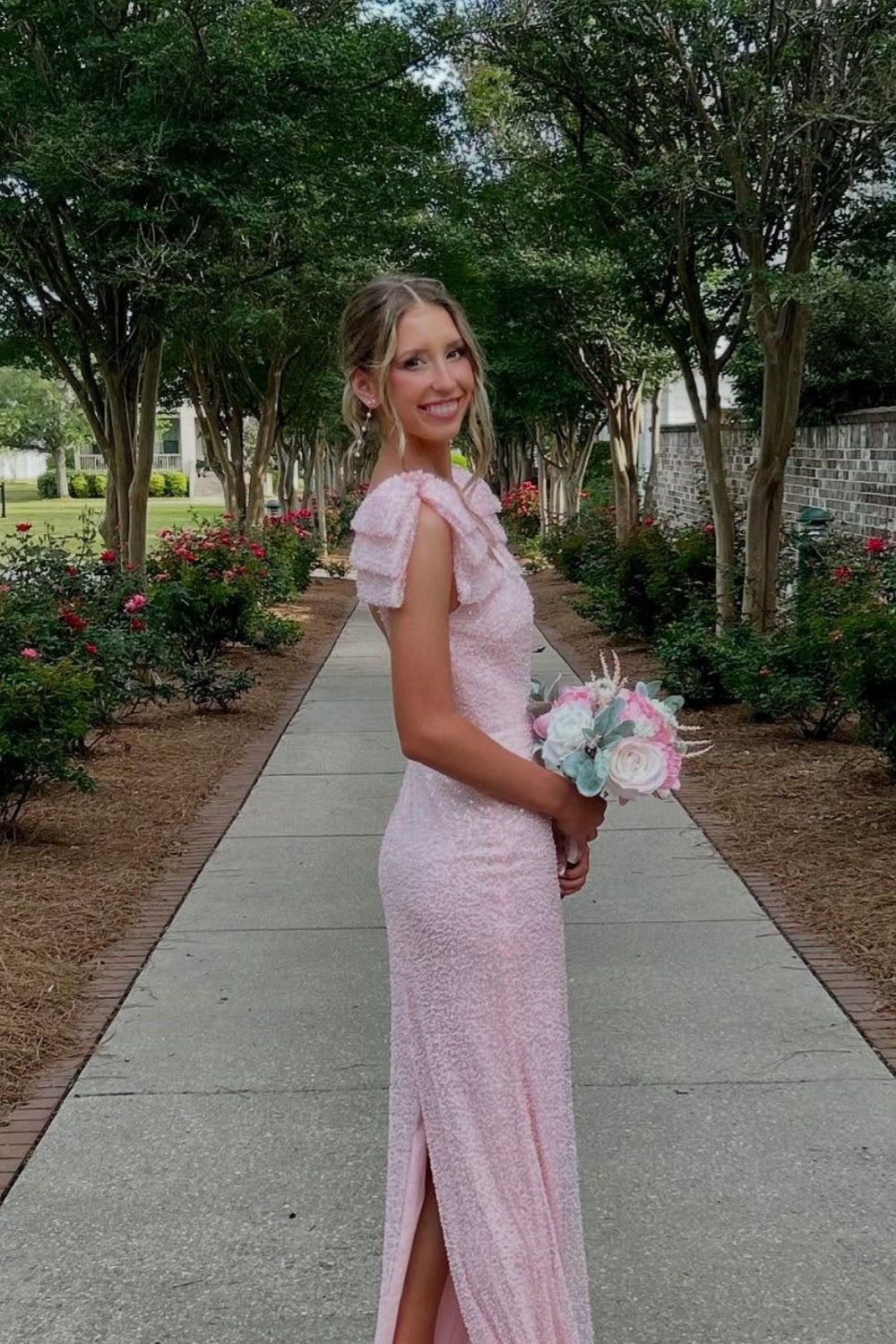 Pink Sequin Bow Fitted Dress