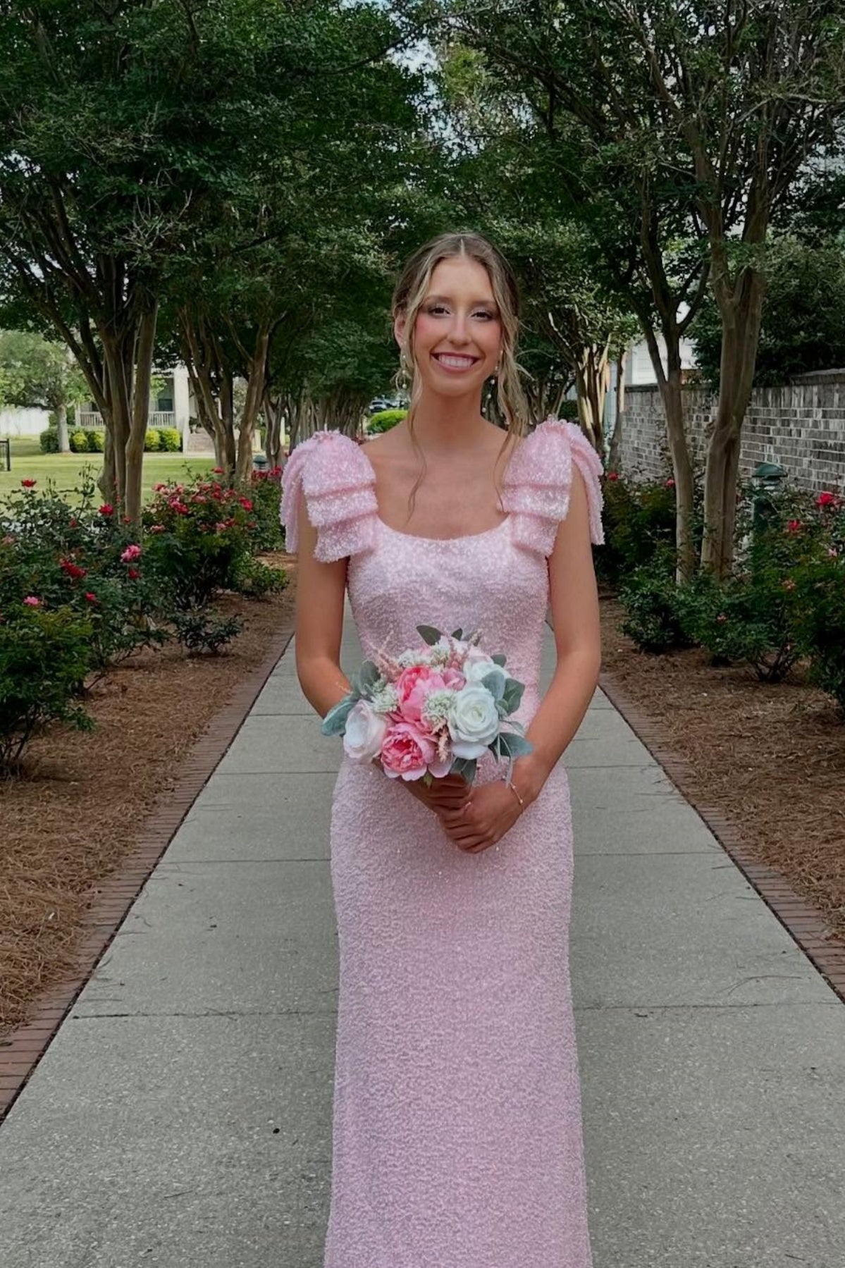 Pink Sequin Bow Fitted Dress
