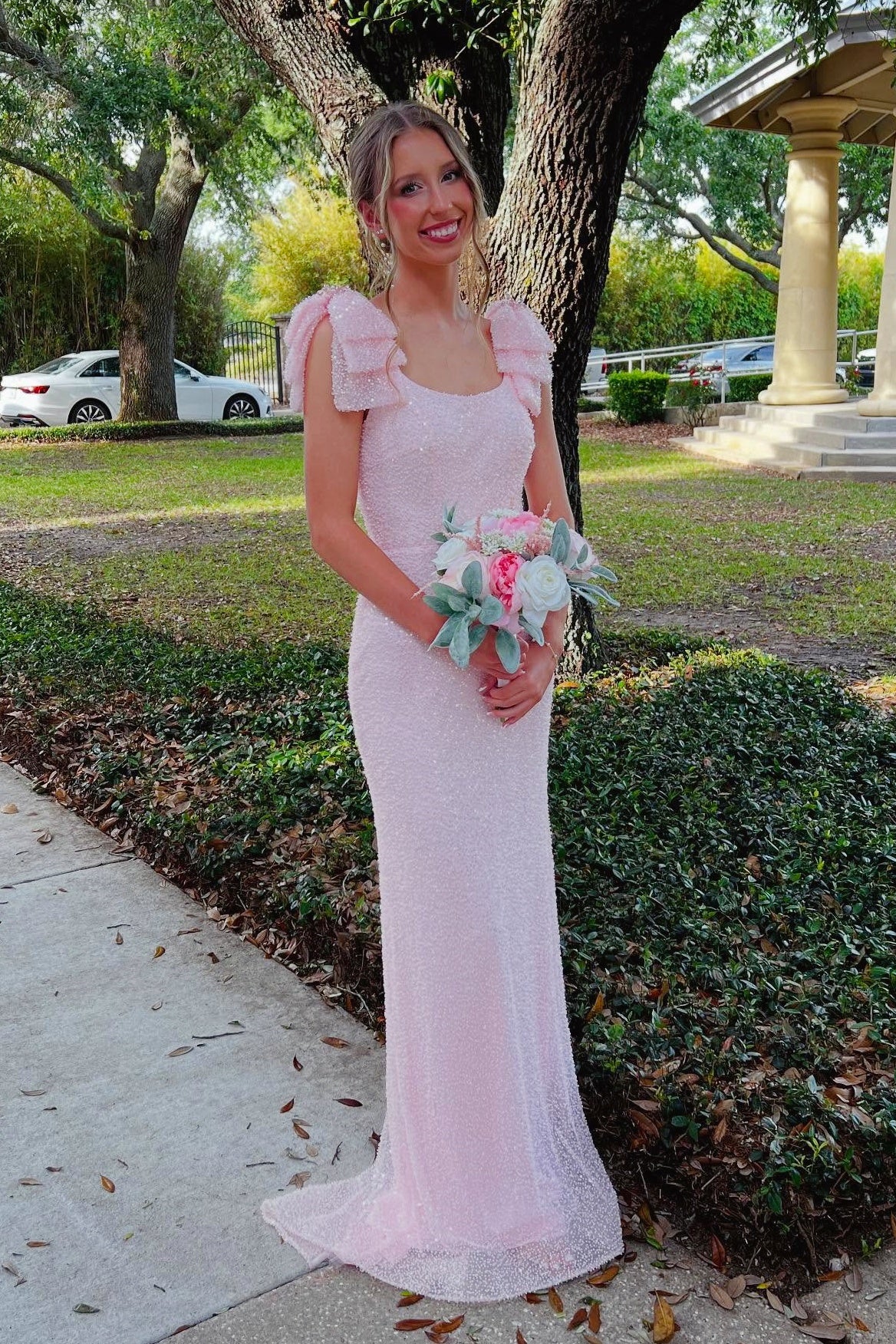 Pink Sequin Bow Fitted Dress