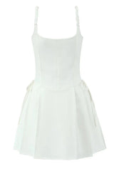 White Lace Splicing A-line Short Dress with Bow