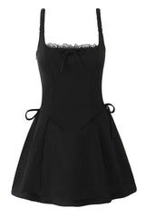 White Lace Splicing A-line Short Dress with Bow
