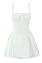 White Lace Splicing A-line Short Dress with Bow