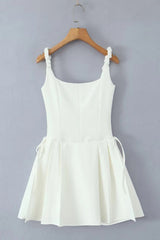 White Lace Splicing A-line Short Dress with Bow