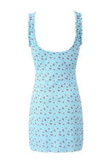 V-neck Blue Floral Print Bodycon Short Dress