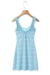 V-neck Blue Floral Print Bodycon Short Dress