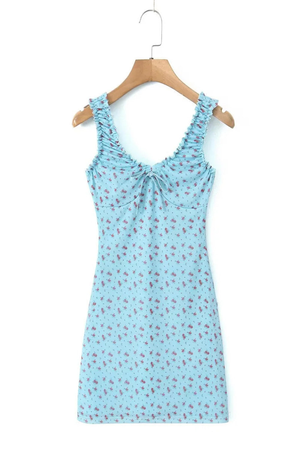 V-neck Blue Floral Print Bodycon Short Dress