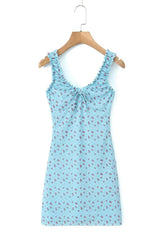 V-neck Blue Floral Print Bodycon Short Dress