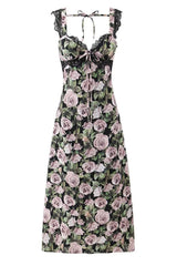 V-neck Black Rose Print Sheath Long Dress