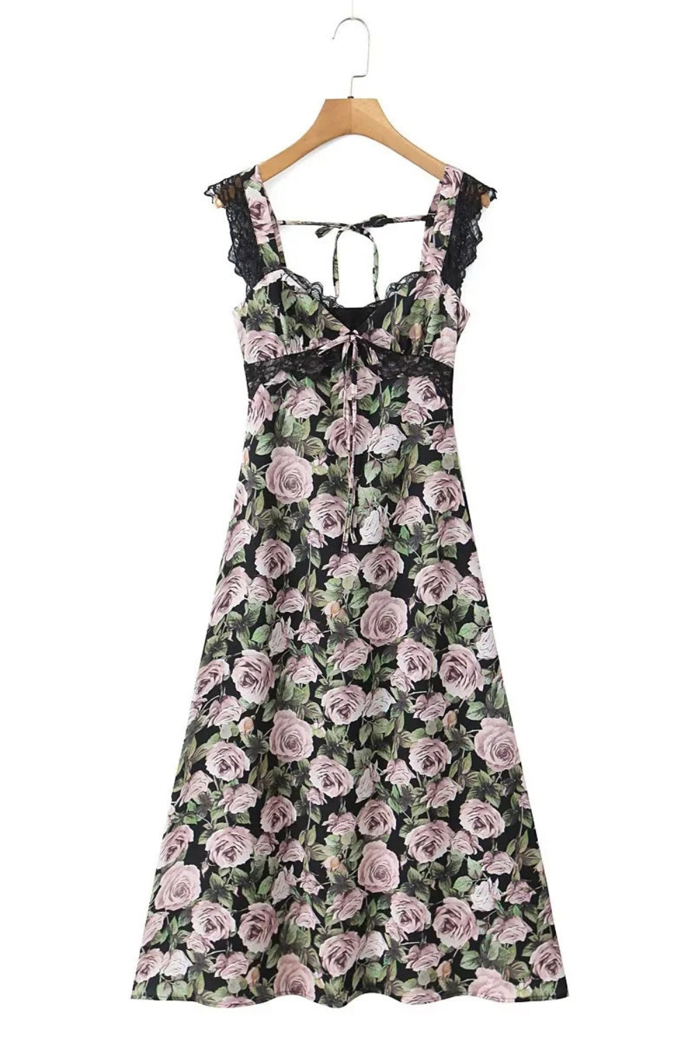 V-neck Black Rose Print Sheath Long Dress